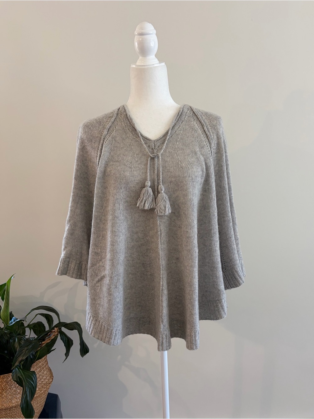 Calypso St. Barth Cashmere Gray V-Neck Shawl Poncho Sweater